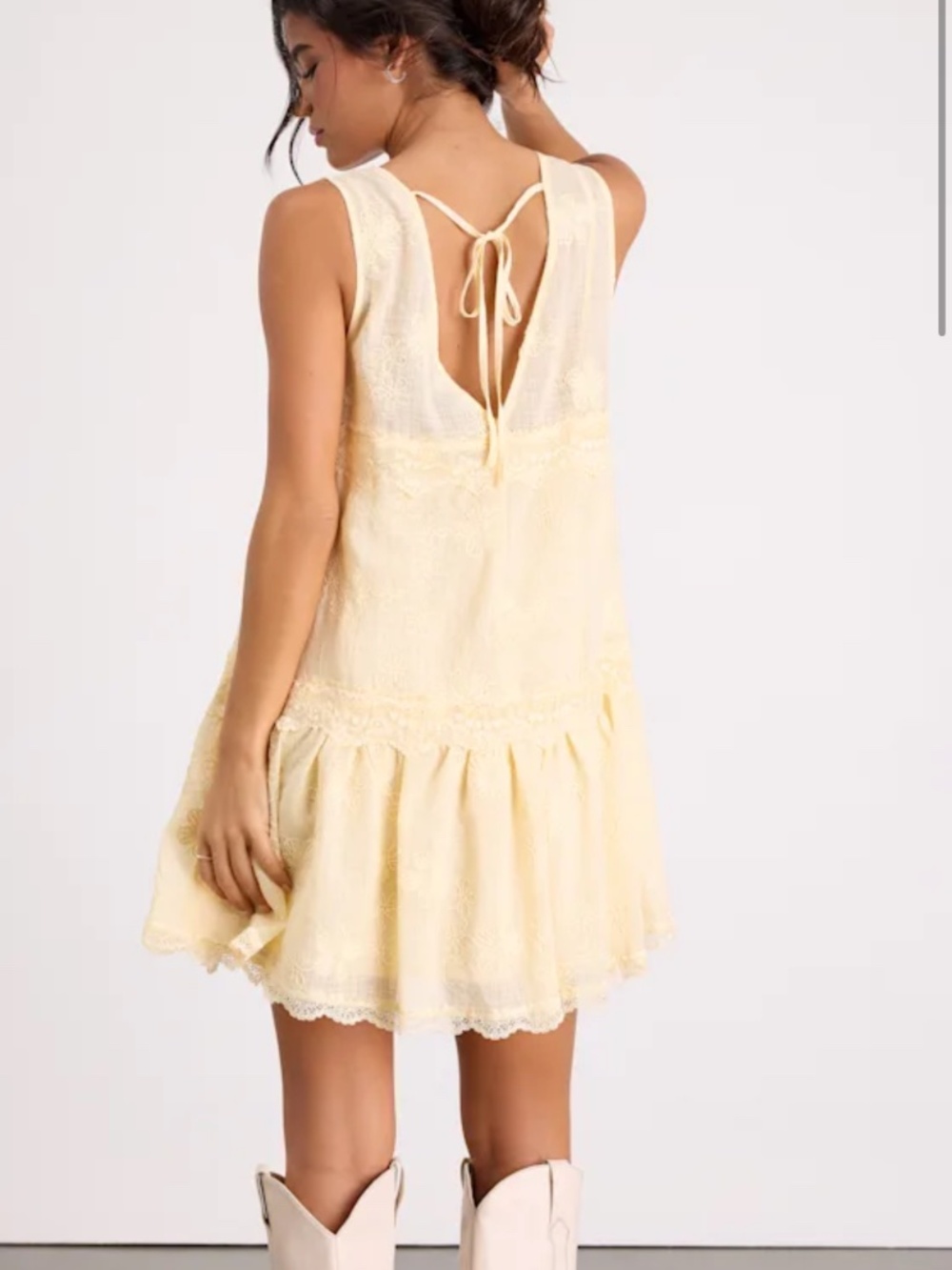 Lulus Romy Light Yellow Lace Tiered Shift Mini Dress - Size XS - Picture 2 of 3